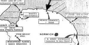 East Anglian Floodmap, showing the position of Salthouse on the top of the bulge